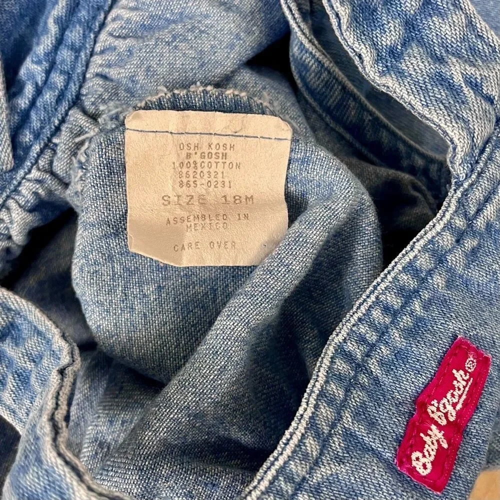 Vintage OshKosh Denim Overalls Girls 18M Cat Embroidered Plaid Ruffles B’Gosh